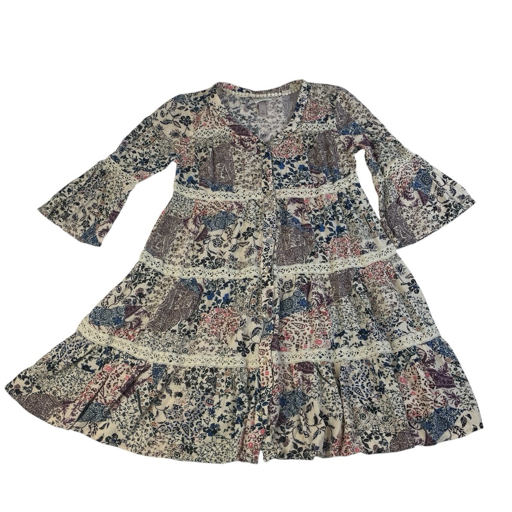 Knox Rose Boho Tiered Dress Small Floral Patchwork Bell Sleeve Cottagecore
